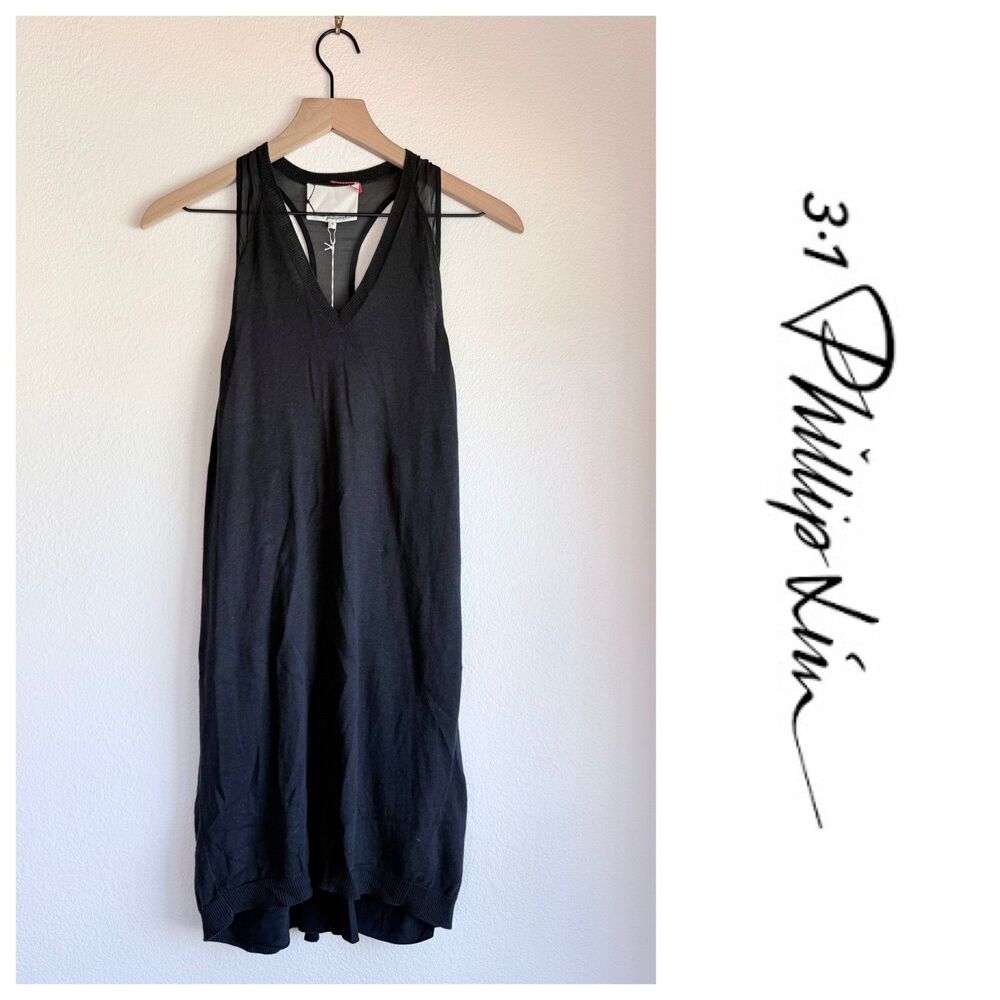 NWT 3.1 Phillip Lim Silk Cotton Ramie Racerback Knit Dress S Back Overlayer Ink
